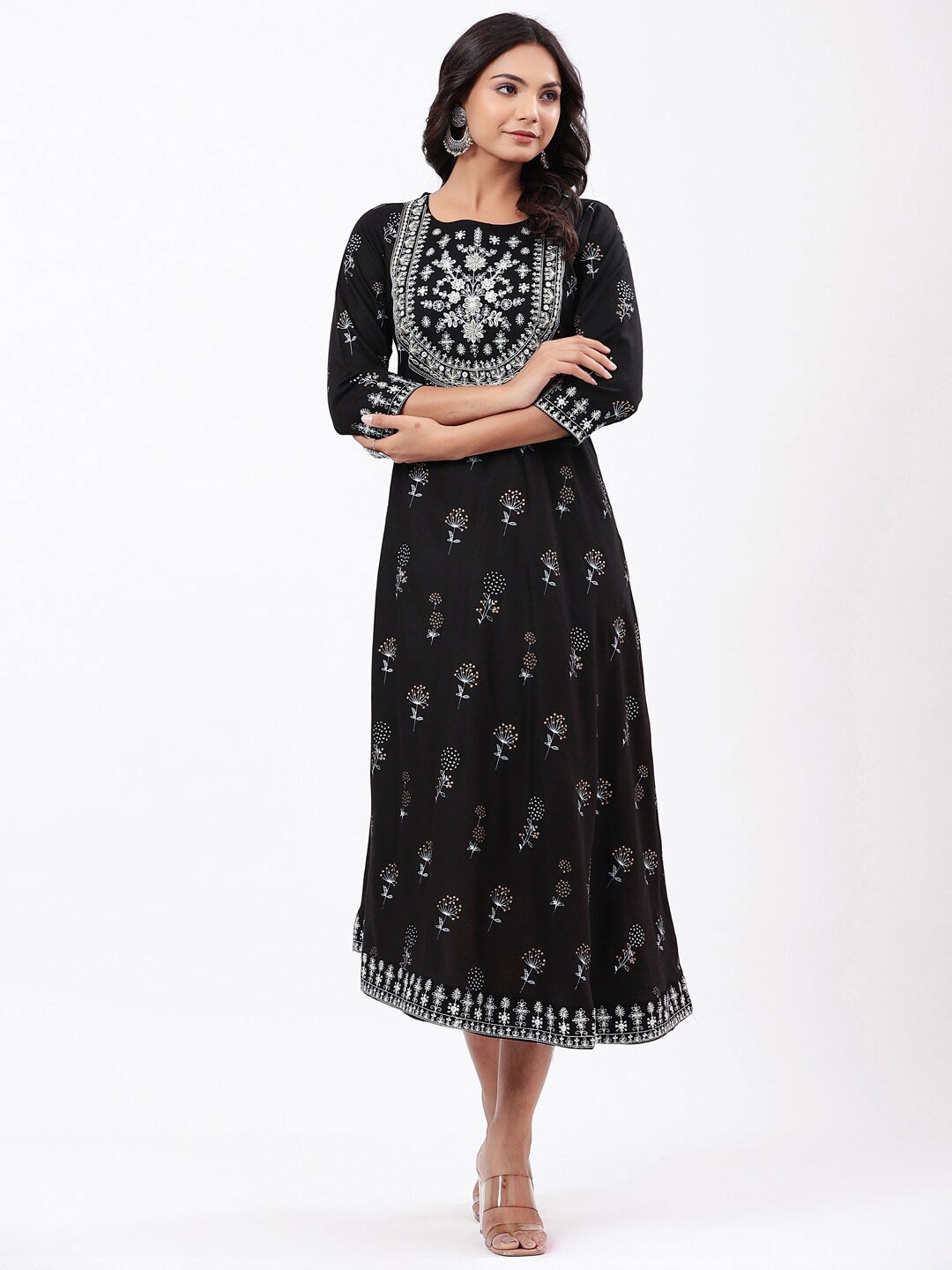 

Fabriko Women Floral Embroidered A-Line Ethnic Dress, Black