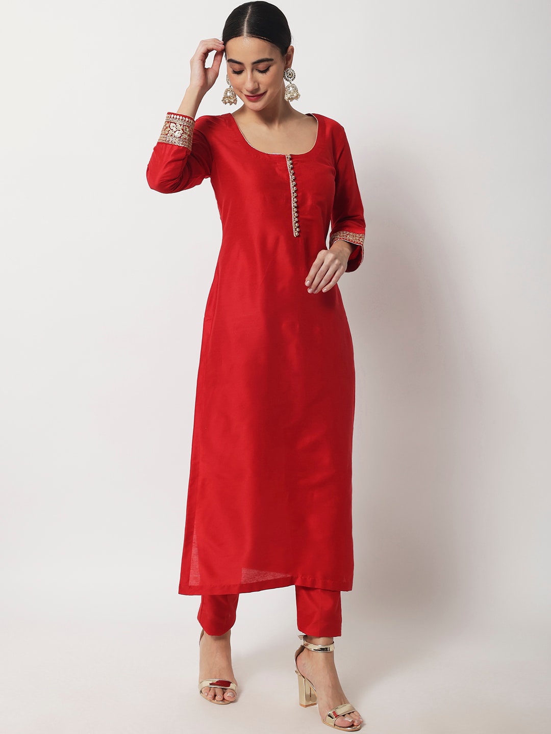

anokherang Women Regular Silk Kurta, Red