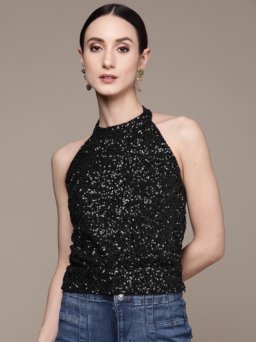 

Label Ritu Kumar Sequinned Halter Neck Crop Top, Black