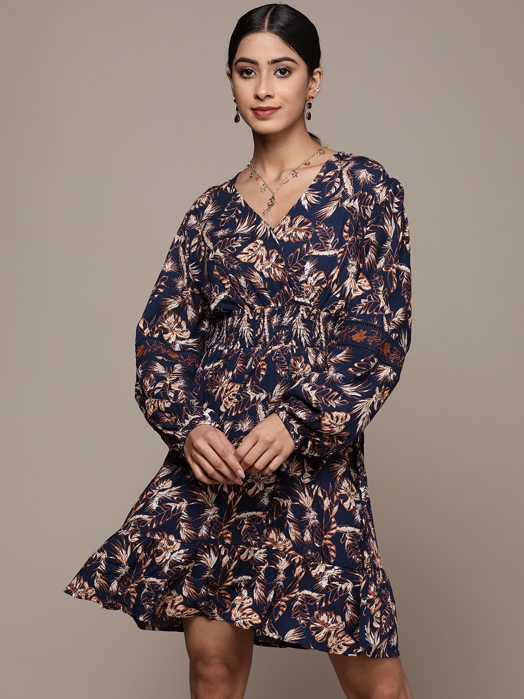 

Label Ritu Kumar Navy Blue & Yellow Floral Crepe Dress