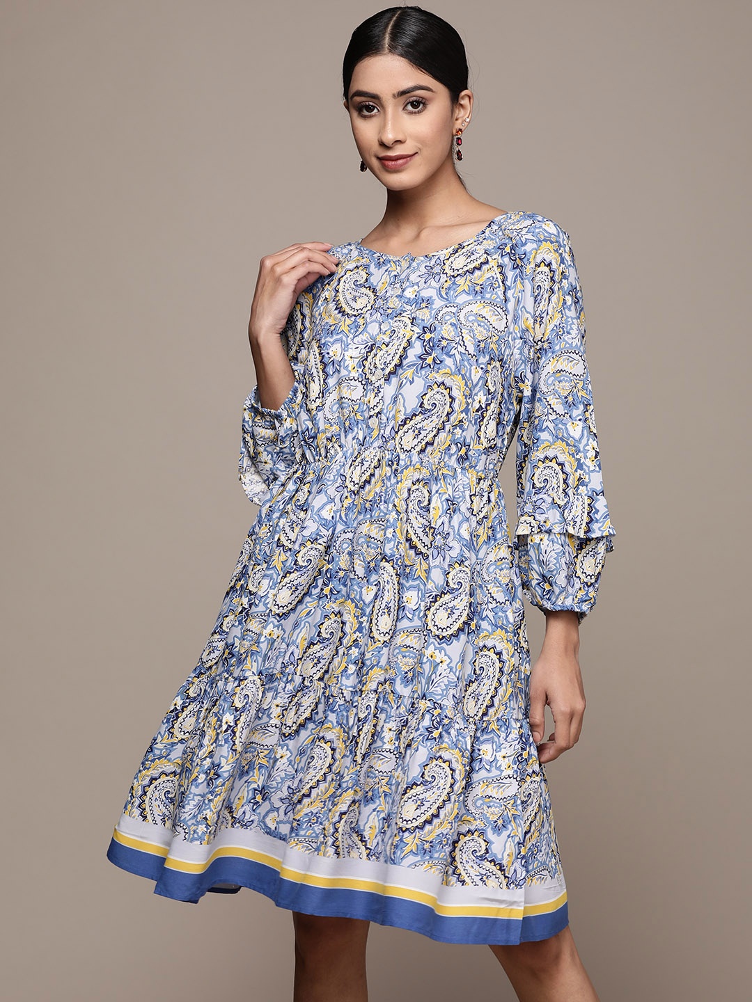 

Label Ritu Kumar Blue & Yellow Ethnic Motifs A-Line Dress