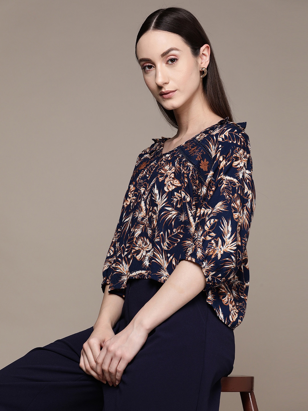 

Label Ritu Kumar Floral Print Gathered Detail A-Line Top, Navy blue