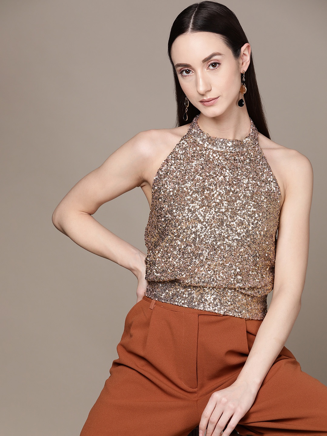 

Label Ritu Kumar Sequinned Embellished Halter Neck Styled Back Top, Gold