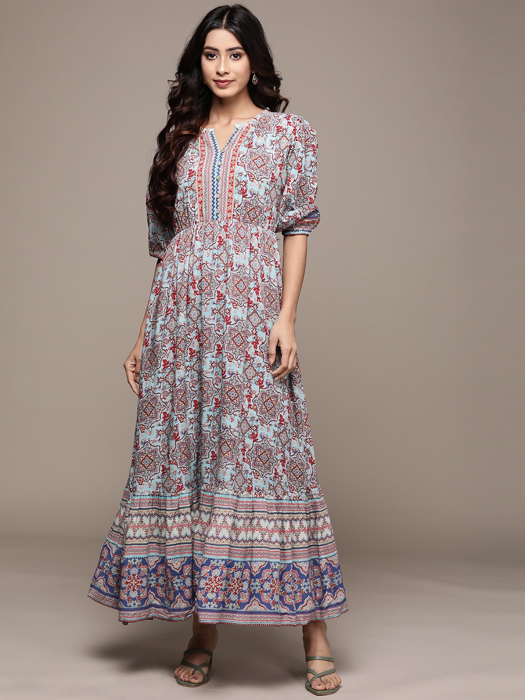 

Label Ritu Kumar Turquoise Blue & Maroon Floral A-Line Maxi Dress