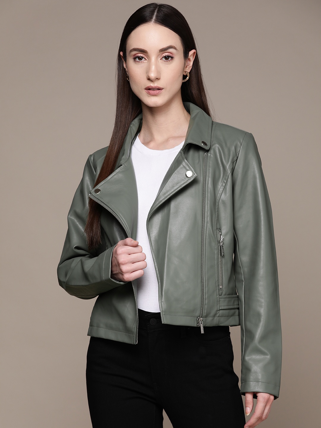 

Label Ritu Kumar Women Crop Biker Jacket, Green