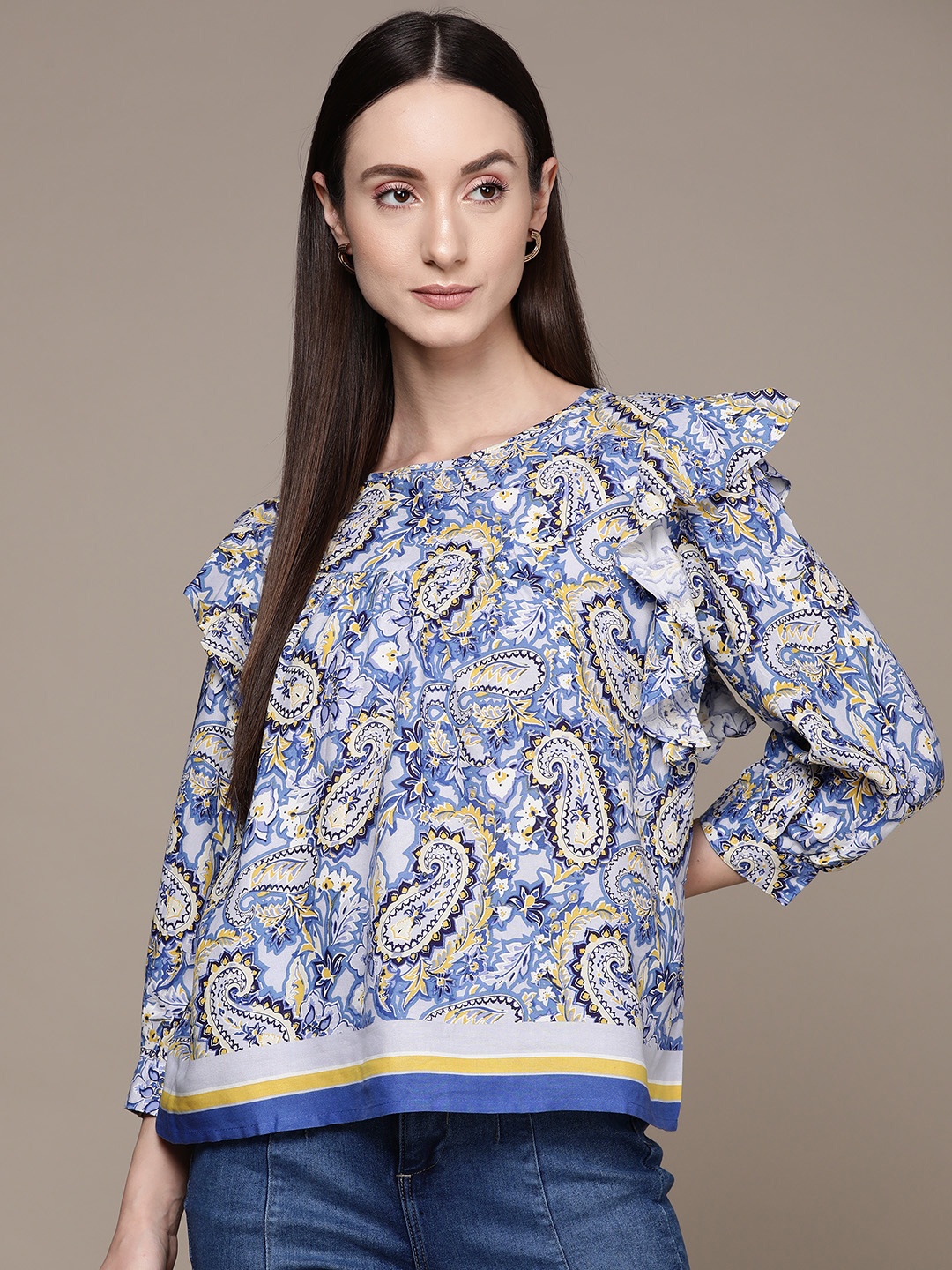 

Label Ritu Kumar Ethnic Motifs Print Ruffled Detail Regular Top, Blue