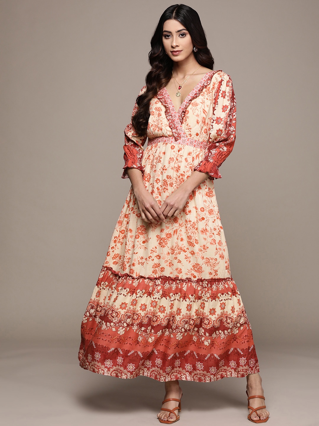 

Label Ritu Kumar Beige & Red Floral Maxi Dress