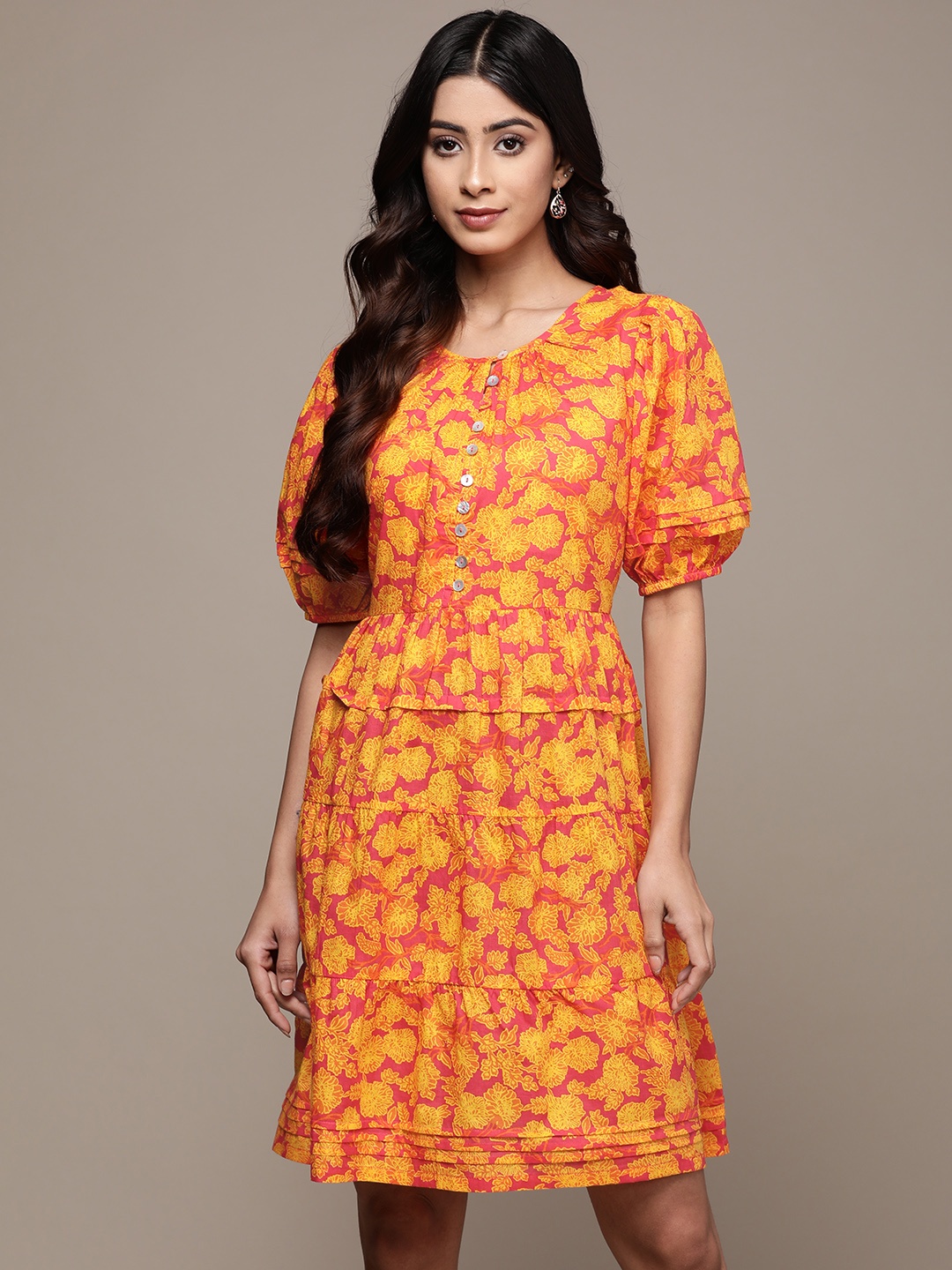 

Label Ritu Kumar Orange & Coral Floral Cotton A-Line Dress