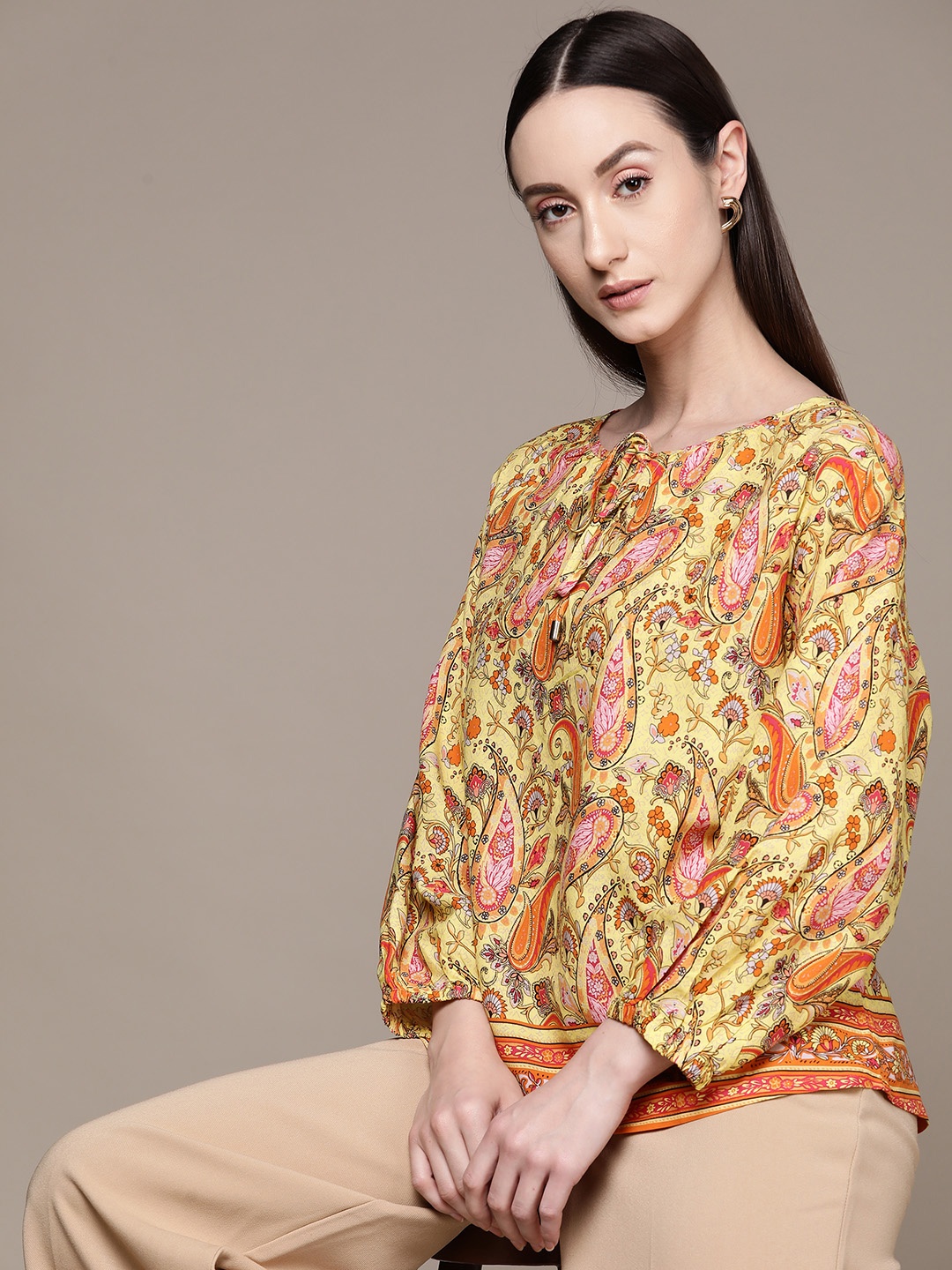 

Label Ritu Kumar Ethnic Motifs Print Regular Top, Yellow