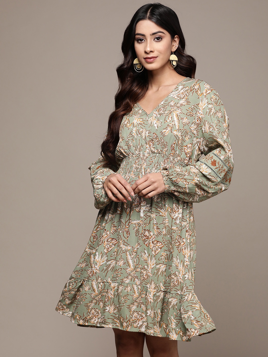 

Label Ritu Kumar Sea Green Floral Crepe Dress