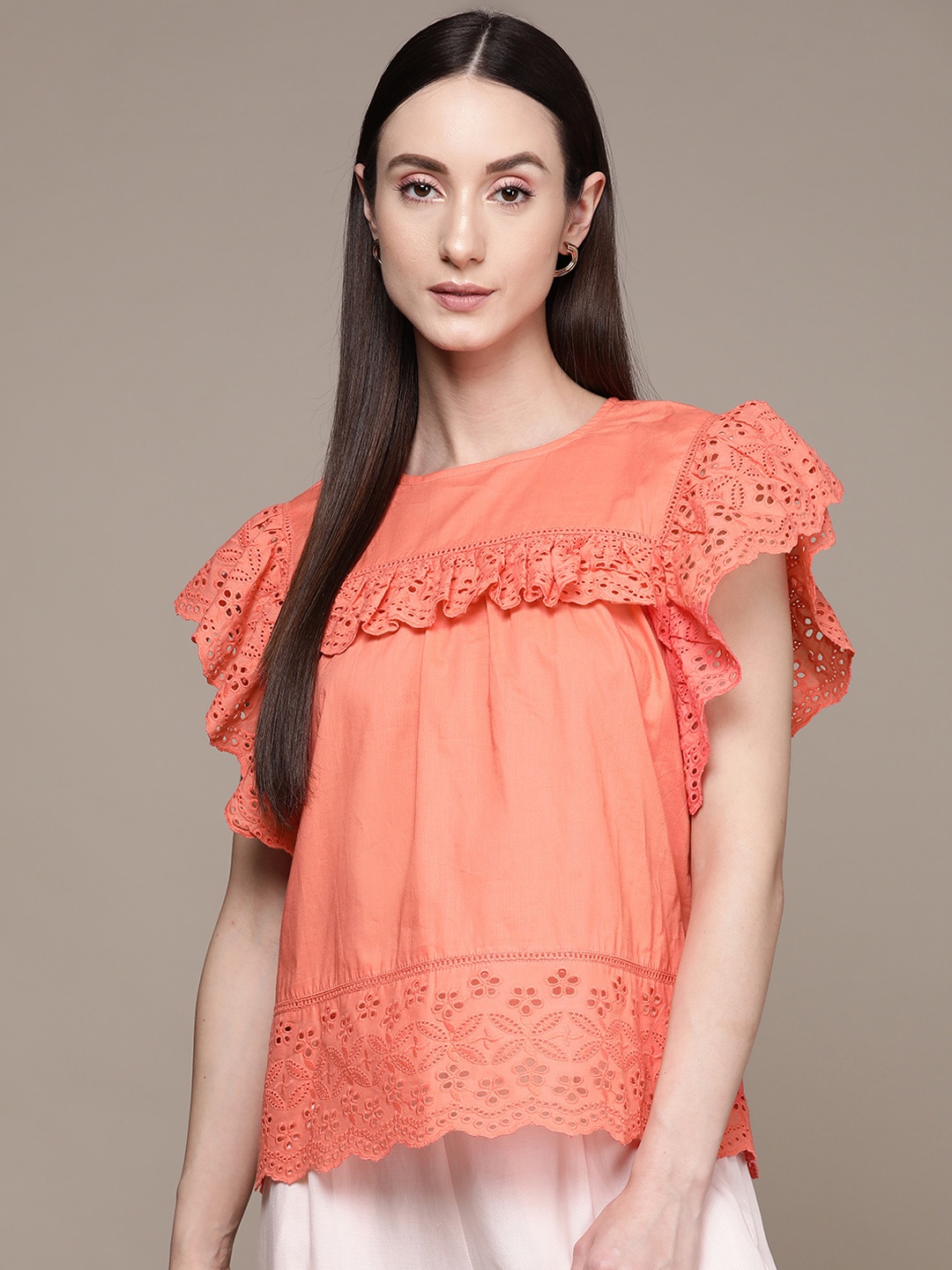 

Label Ritu Kumar Floral Boat Neck Flutter Sleeves Cotton Top, Coral