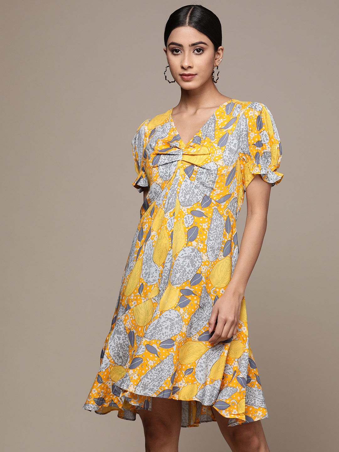 

Label Ritu Kumar Yellow & Grey Floral A-Line Dress