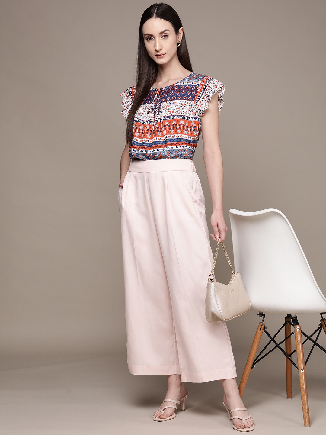 

Label Ritu Kumar Floral Print Tie-Up Neck Flutter Sleeves Top, Multi