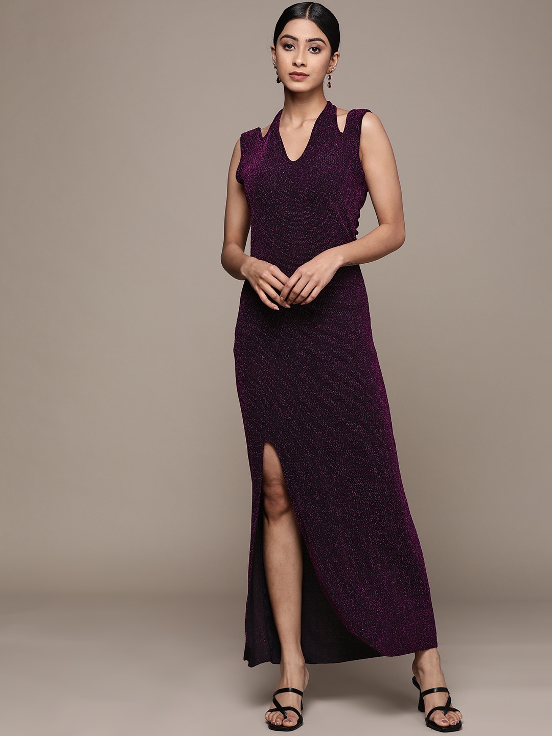 

Label Ritu Kumar Purple Shimmer Halter Neck Maxi Dress