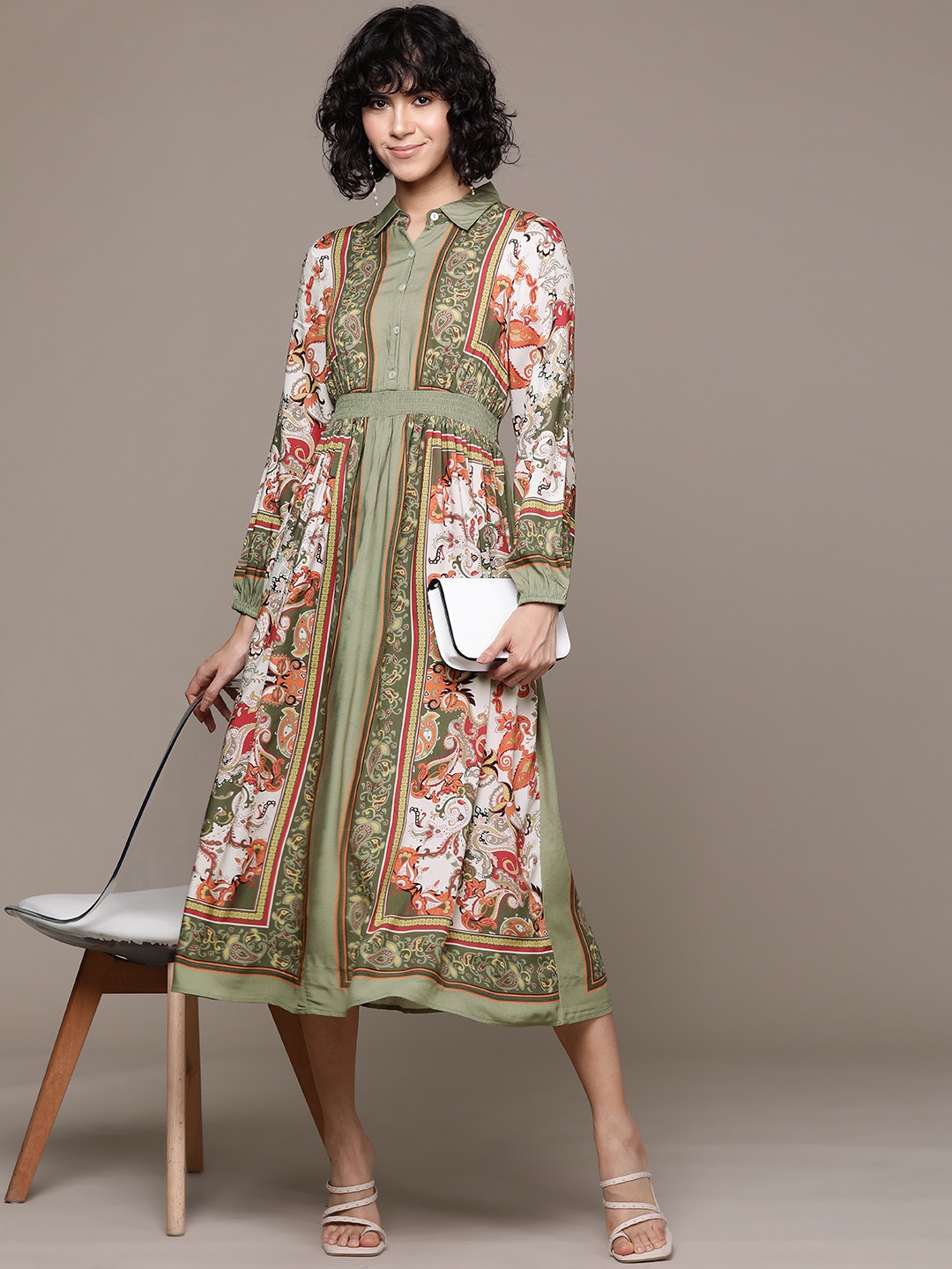 

Label Ritu Kumar Floral Print Puff Sleeve Shirt Midi Dress, Green