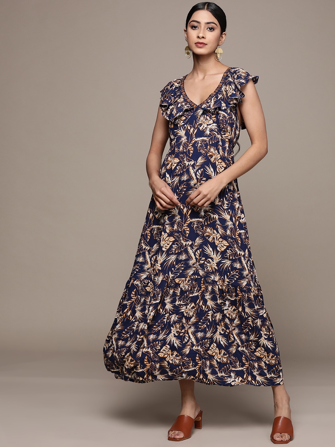 

Label Ritu Kumar Navy Blue & Yellow Floral Crepe Maxi Dress