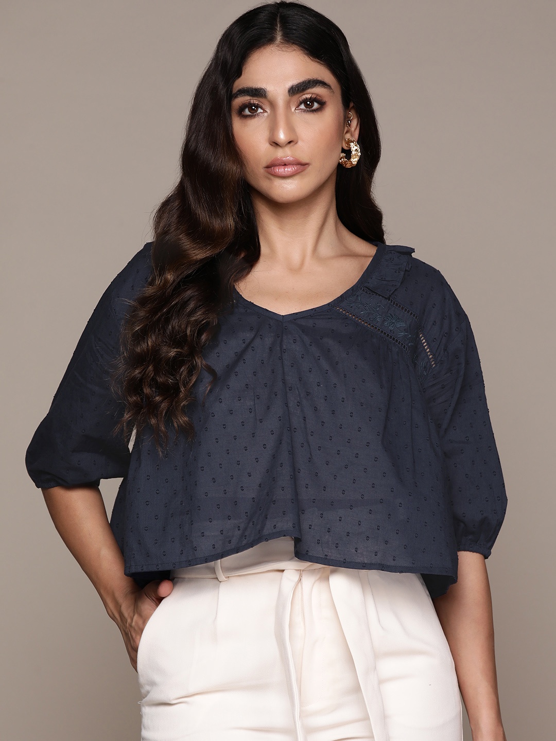 

Label Ritu Kumar Navy Blue Solid Cotton Top