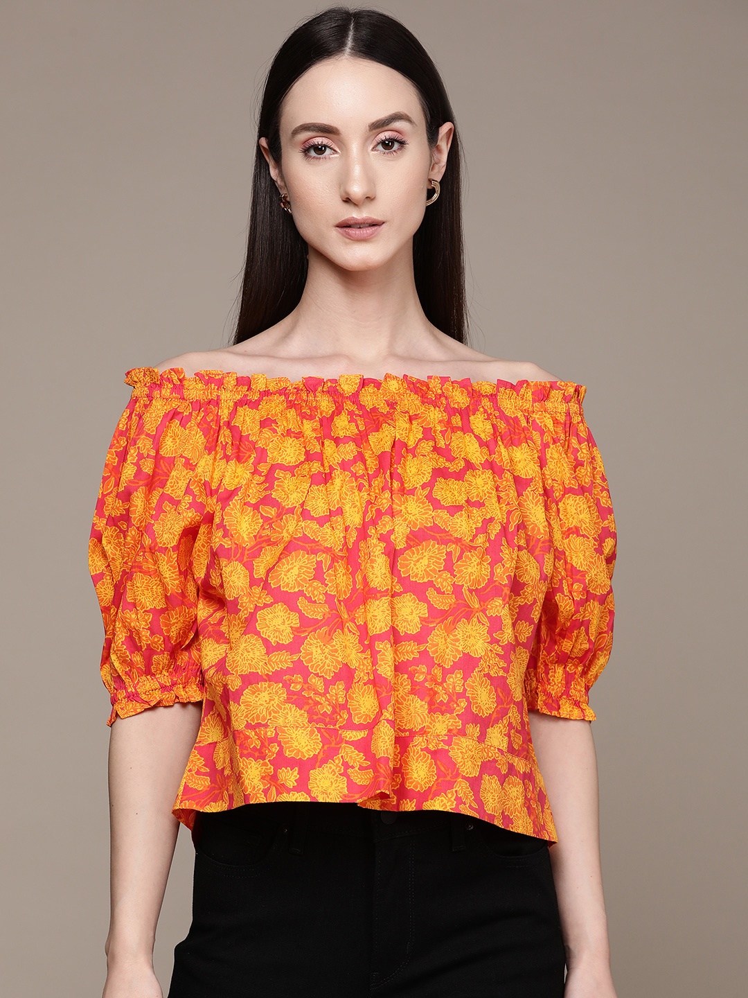 

Label Ritu Kumar Floral Print Puff Sleeves Off-Shoulder Cotton Top, Orange