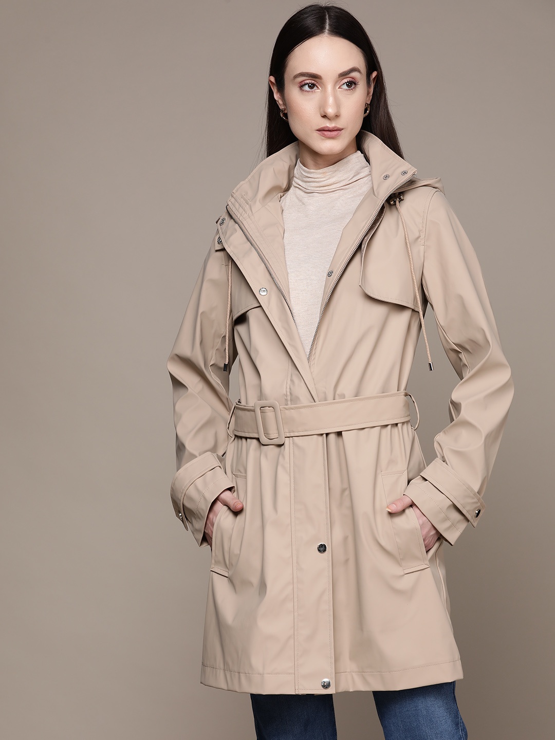 

Label Ritu Kumar Women Hooded Parka Coat With Belt, Beige