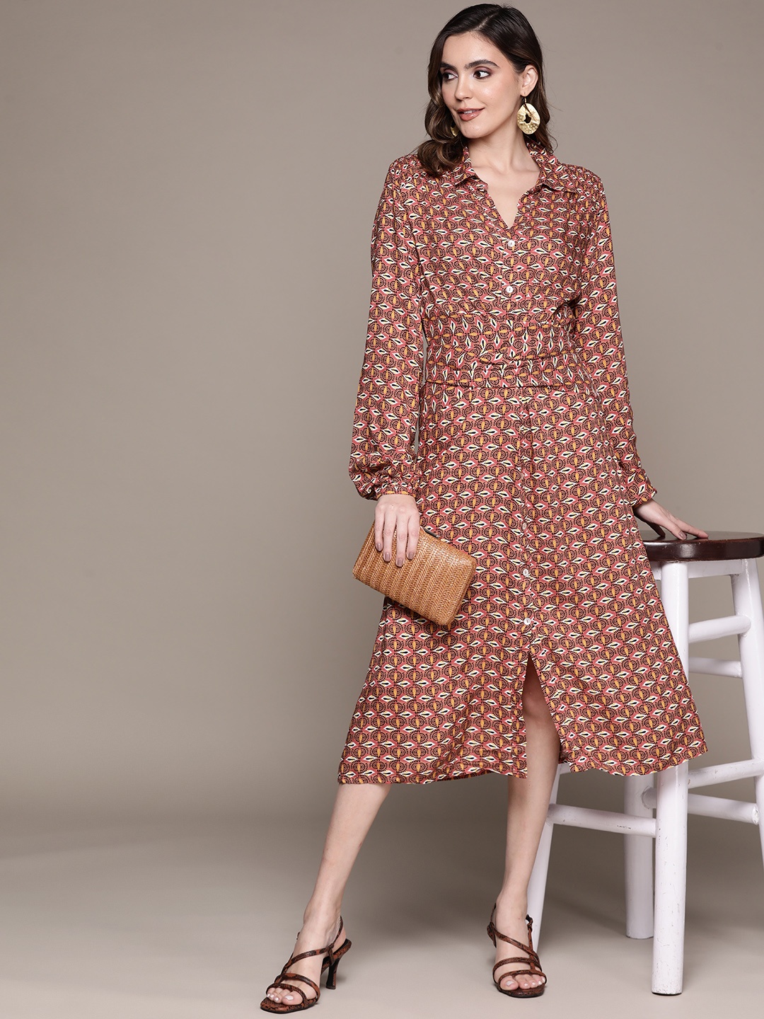 

Label Ritu Kumar Geometric Printed Shirt Midi Dress, Brown