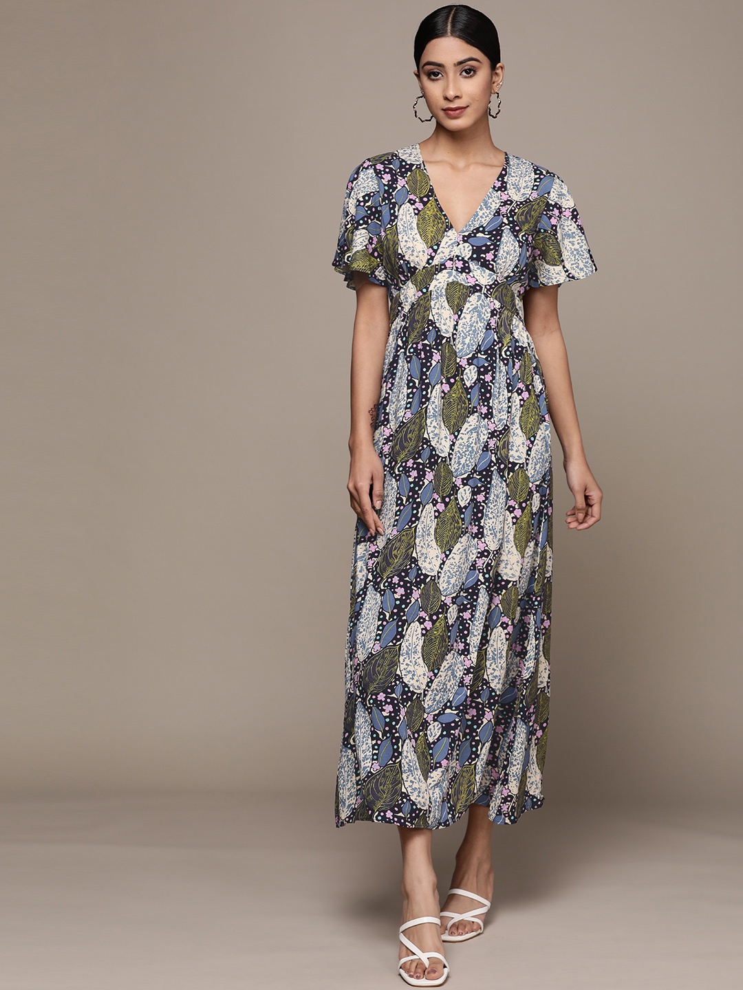 

Label Ritu Kumar Blue & Olive Green Floral Empire Midi Dress