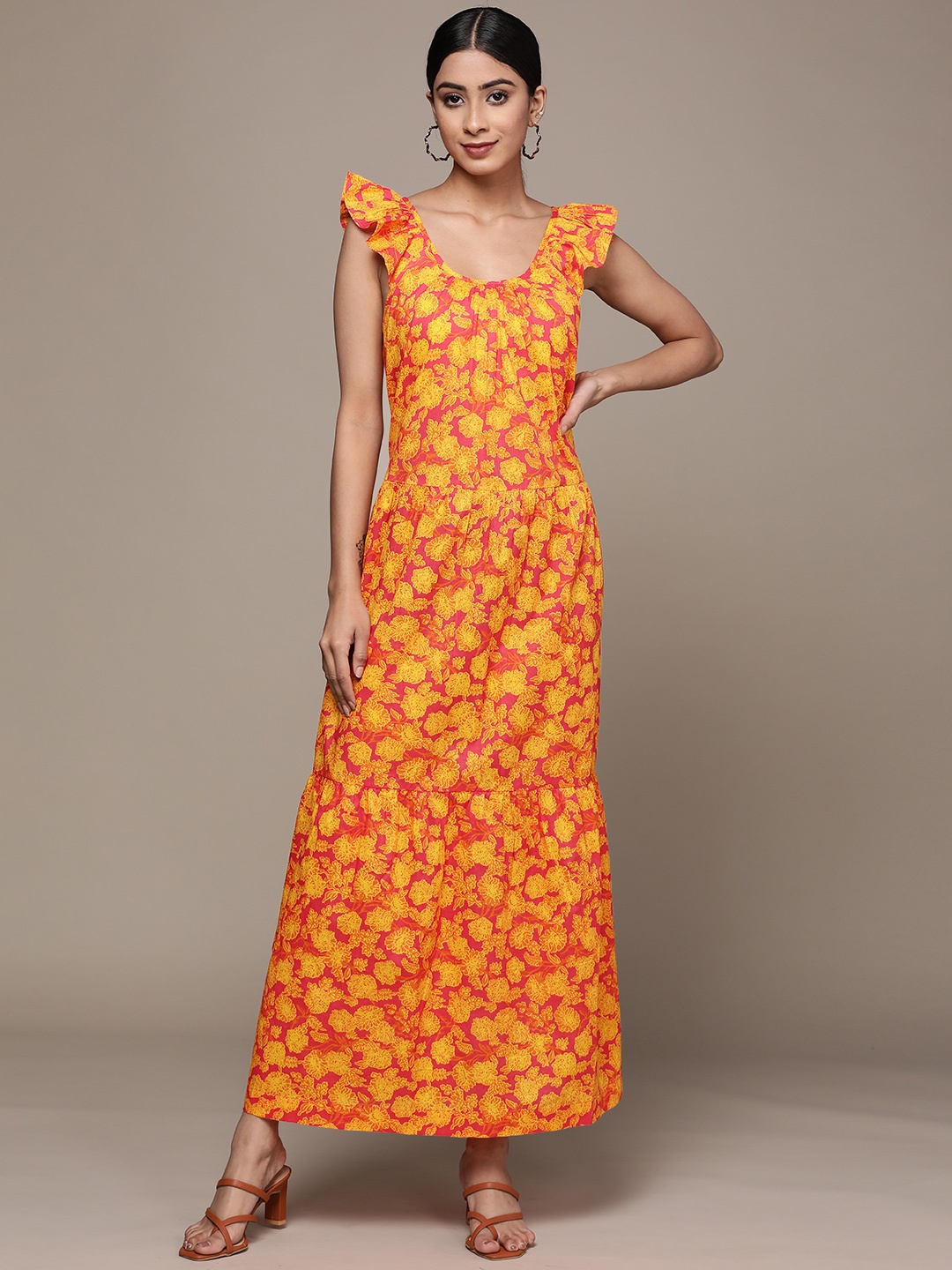 

Label Ritu Kumar Orange & Coral Floral A-Line Cotton Maxi Dress