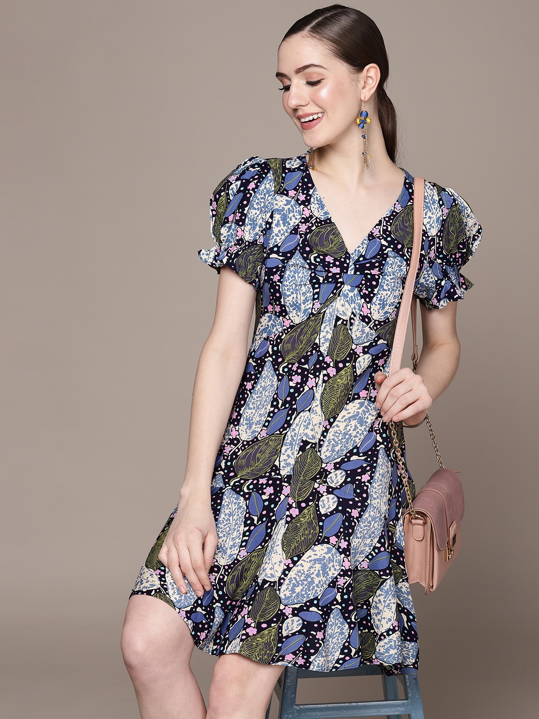 

Label Ritu Kumar Floral Print Puff Sleeves A-Line Dress, Blue
