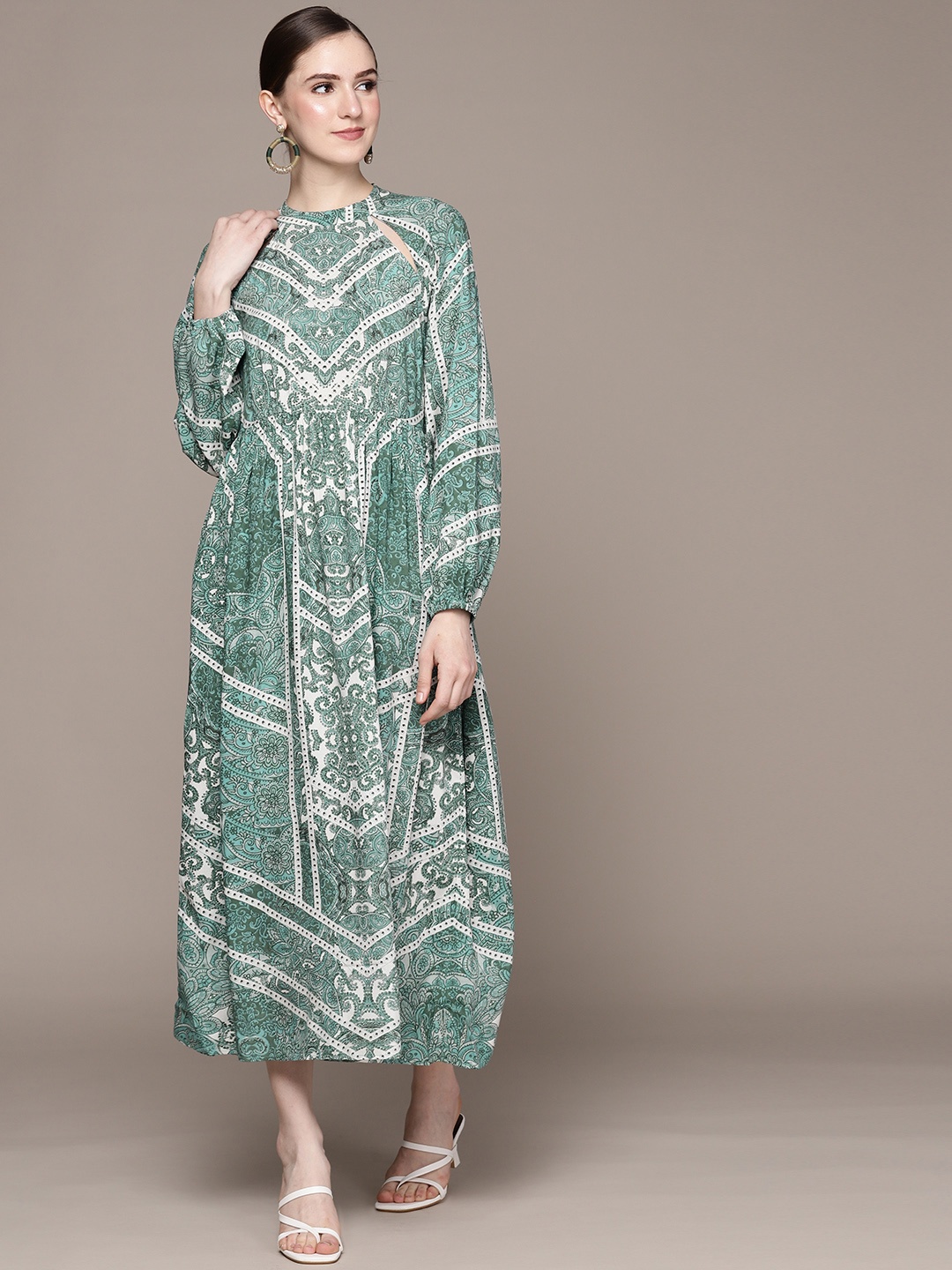 

Label Ritu Kumar Floral Print Puff Sleeves A-Line Midi Dress With Cut-Outs Detail, Green