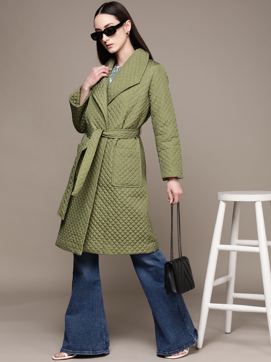 

Label Ritu Kumar Women Quilted Trench Coat With Belt, Olive