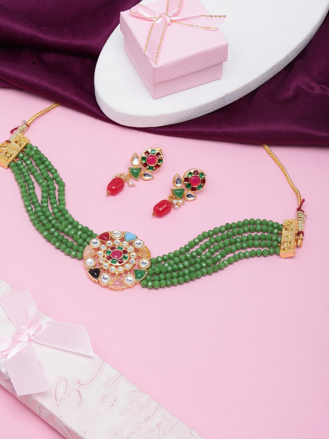 

DIVA WALK Gold-Plated Stone-Studded & Beaded Jewellery Set