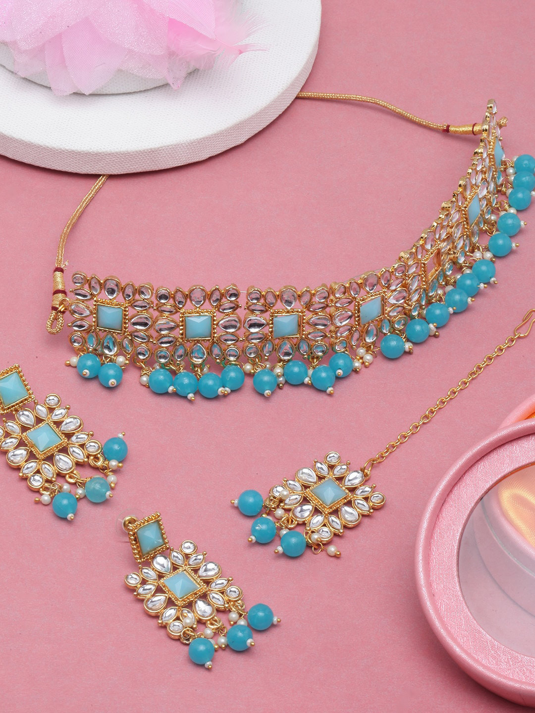 

DIVA WALK Gold-Plated Stone Studded & Beaded Jewellery Set