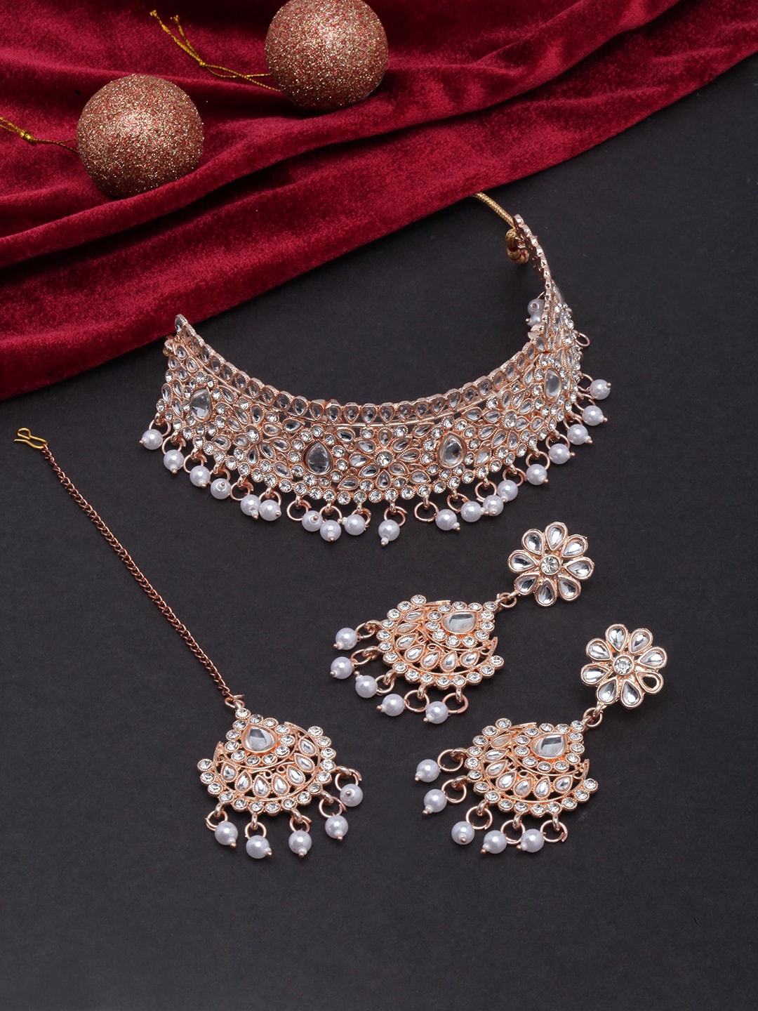 

DIVA WALK Rose Gold-Plated Stone-Studded & Beaded Jewellery Set