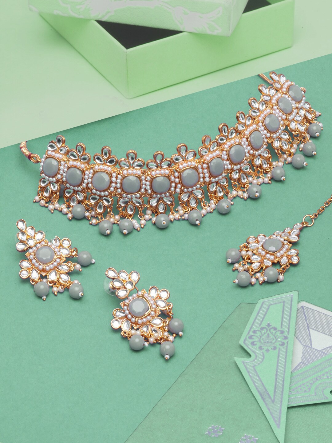 

DIVA WALK Gold-Plated Stone Studded & Beaded Jewellery Set