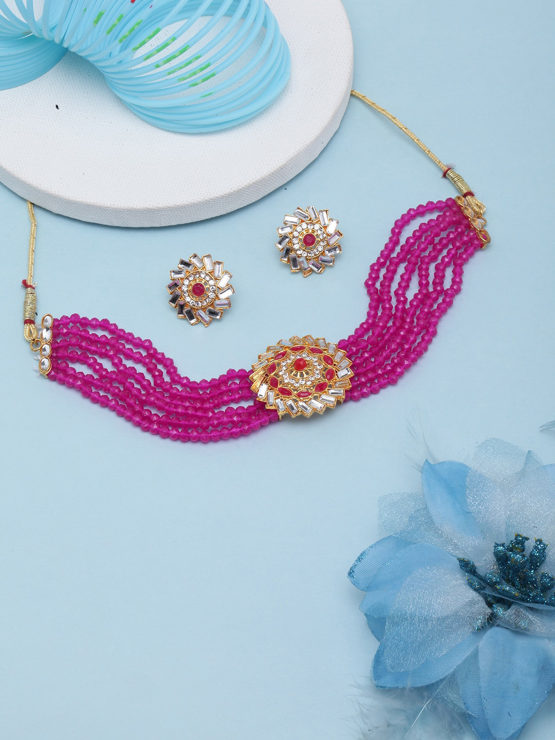 

DIVA WALK Gold-Plated Stone-Studded & Beaded Jewellery Set