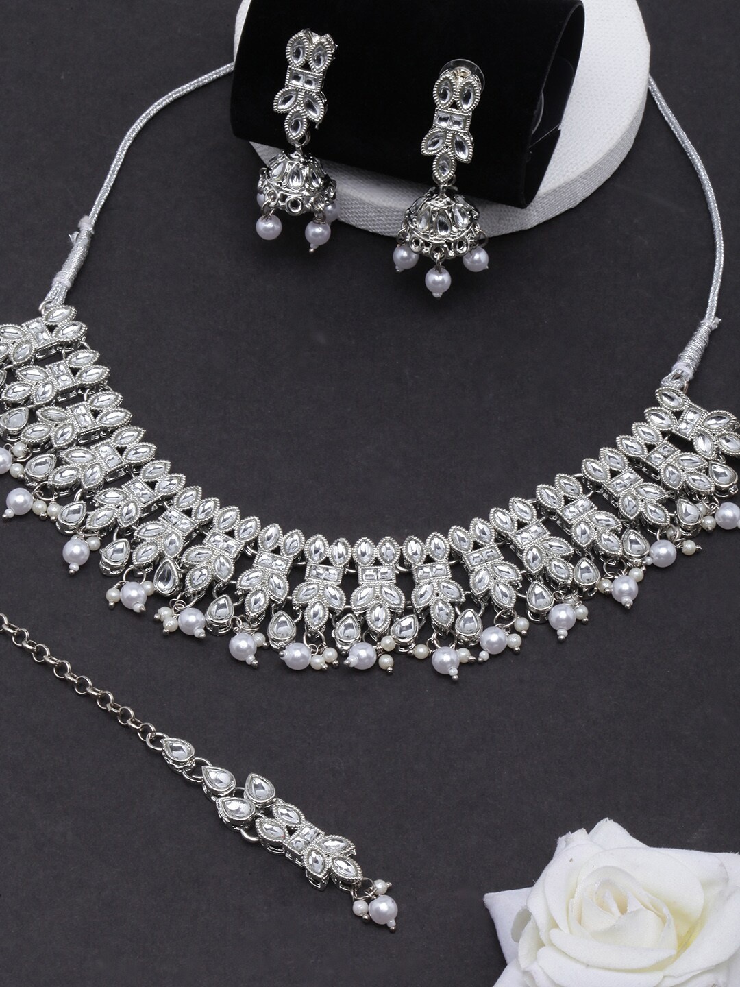 

DIVA WALK Silver-Plated Stones-Studded & Beaded Jewellery Set With Maang Tikka