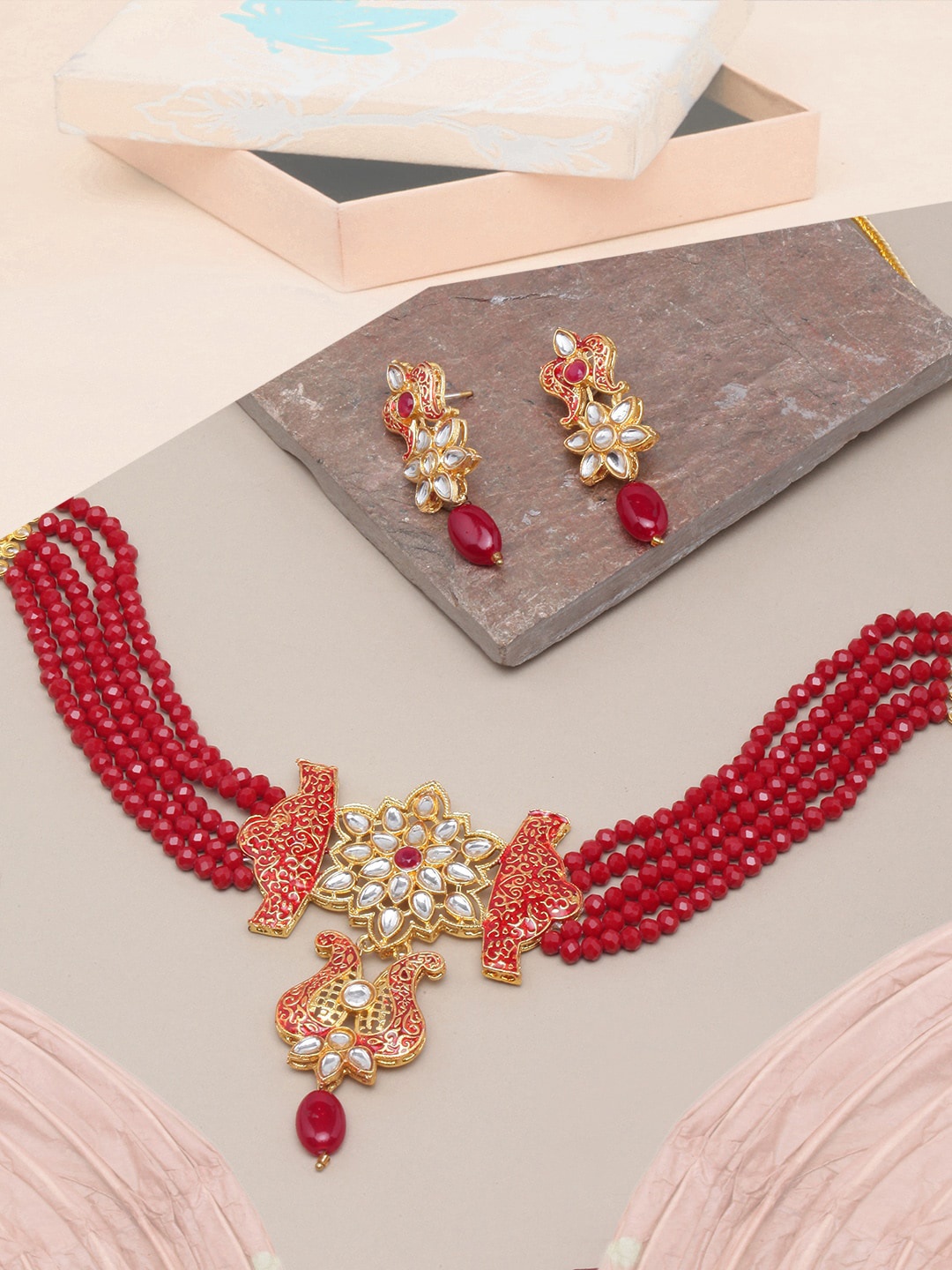 

DIVA WALK Gold-Plated Stone-Studded & Beaded Enamelled Jewellery Set