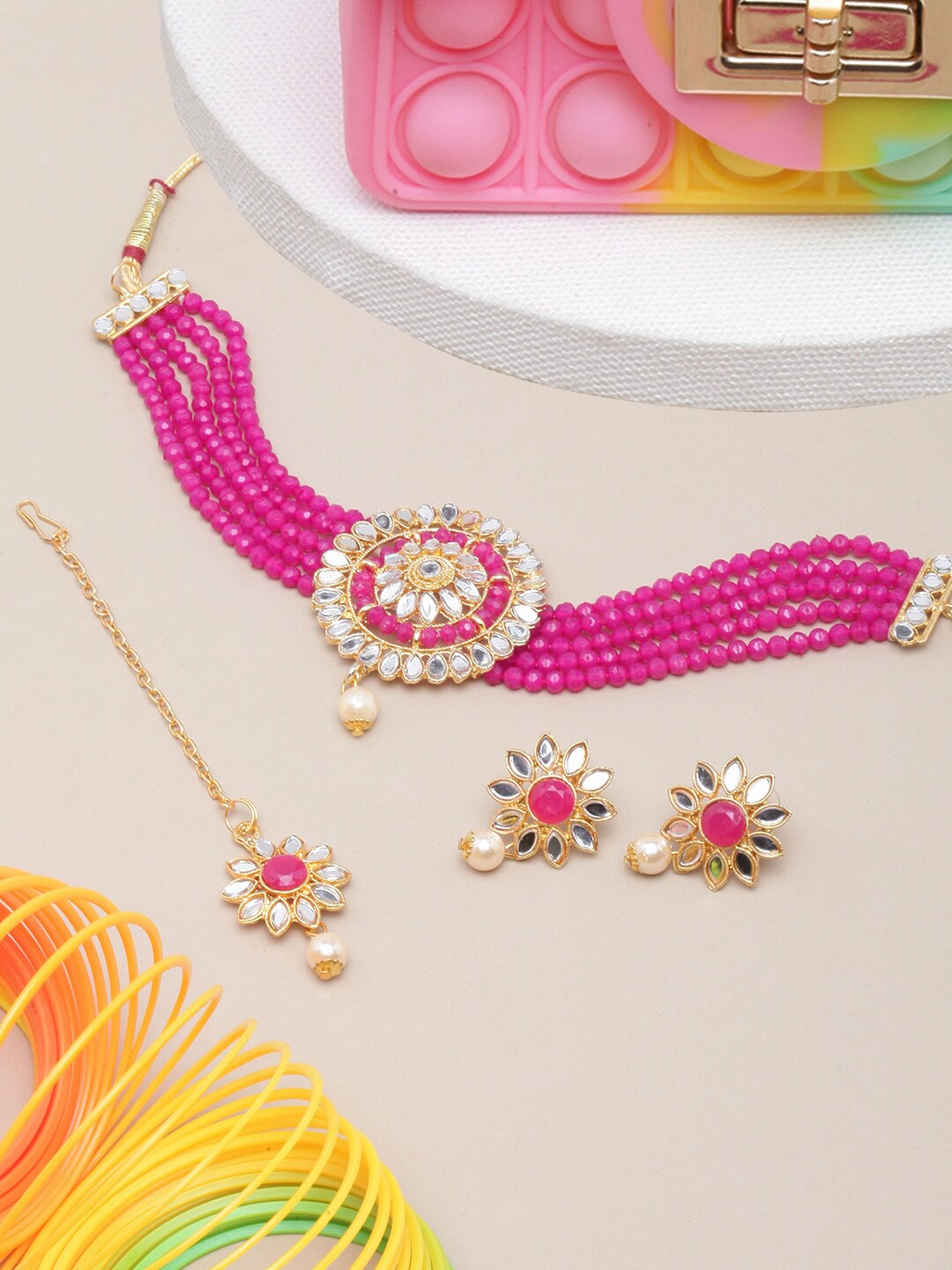 

DIVA WALK Gold-Plated Stone-Studded & Beaded Jewellery Set