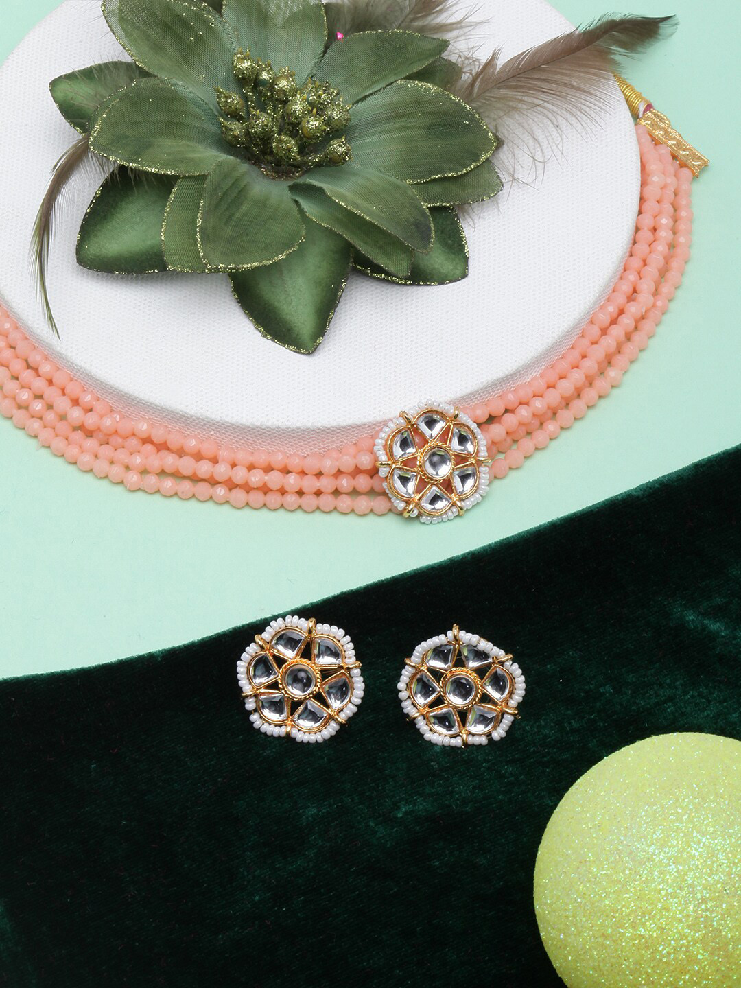 

DIVA WALK Gold-Plated Stone-Studded & Beaded Jewellery Set