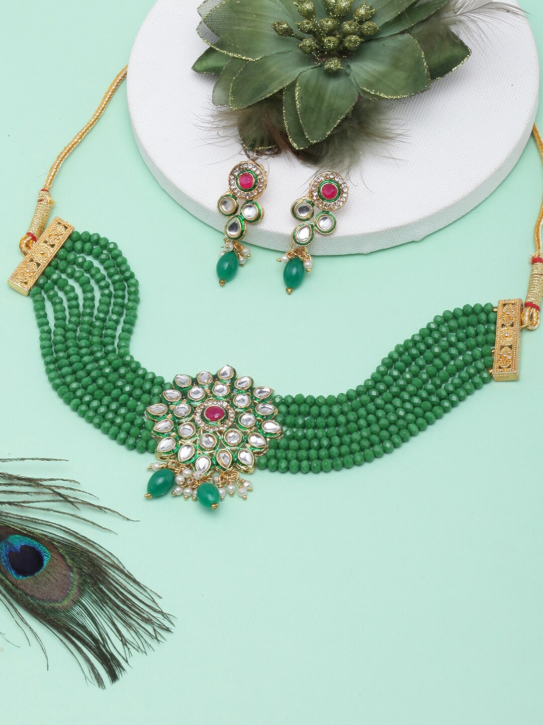 

DIVA WALK Gold-Plated Stone-Studded & Beaded Jewellery Set, Green