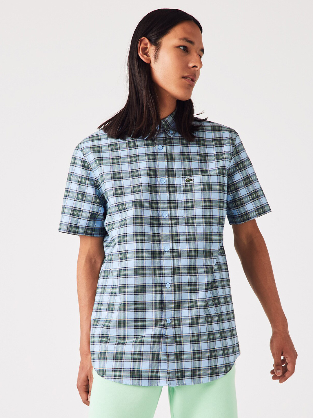 

Lacoste Men Cotton Classic Tartan Checks Checked Casual Shirt, Blue