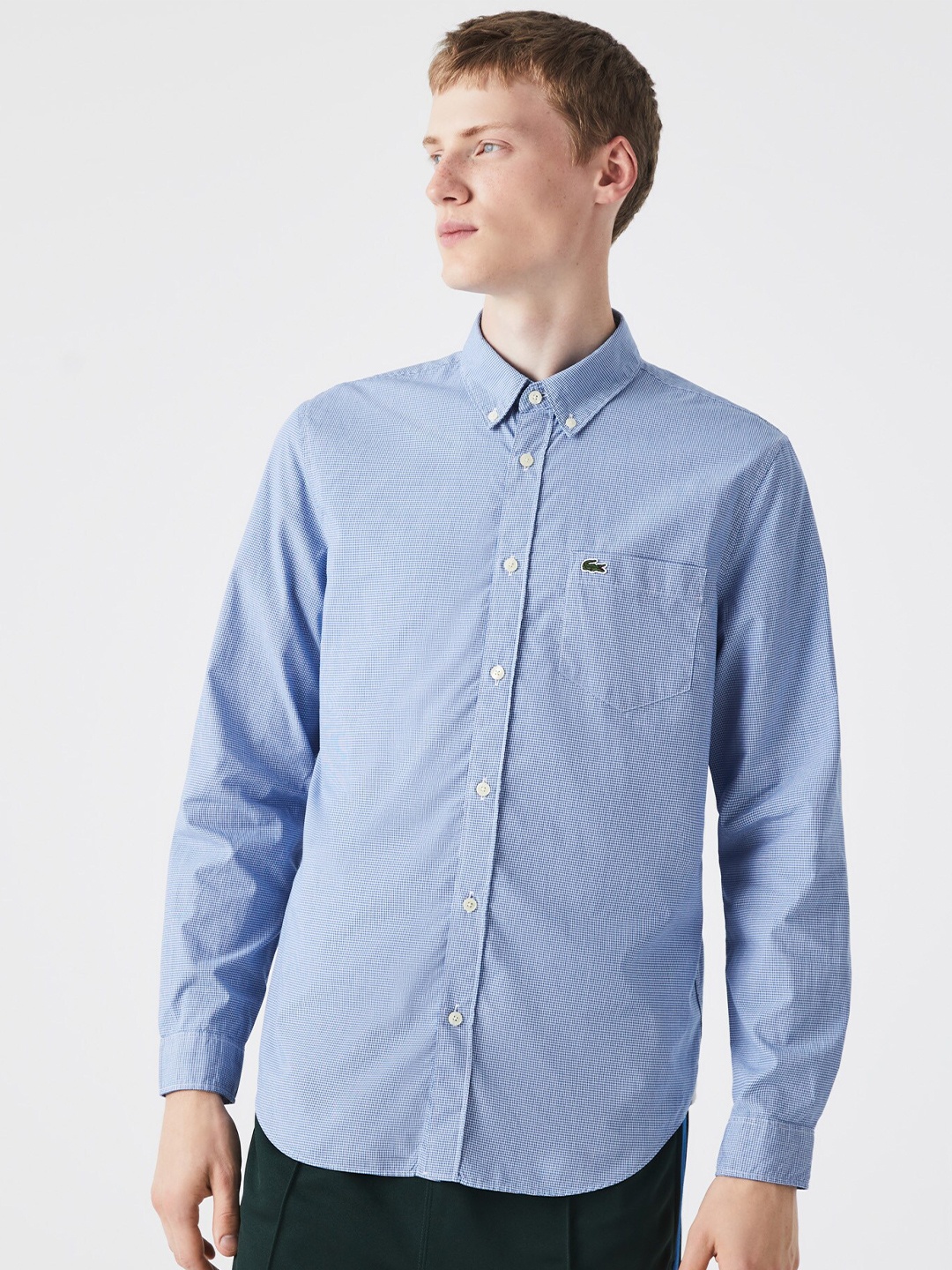

Lacoste Men Blue Classic Micro Checks Cotton Casual Shirt