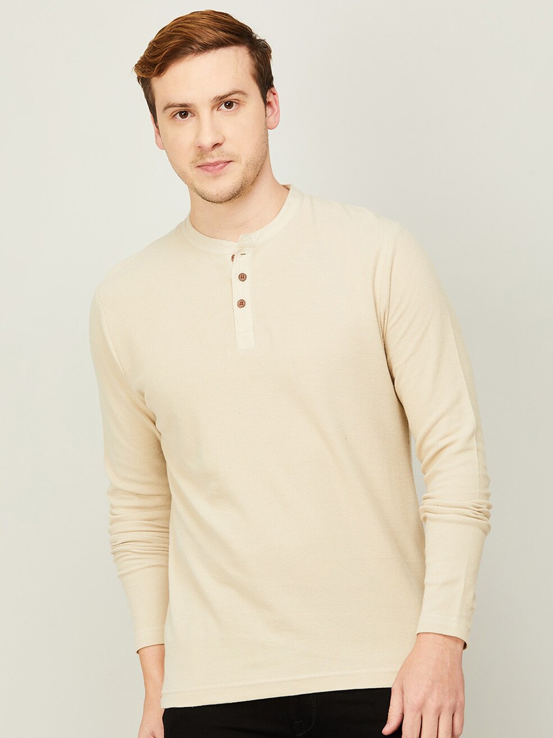 

Melange by Lifestyle Henley Neck Cotton T-shirt, Beige