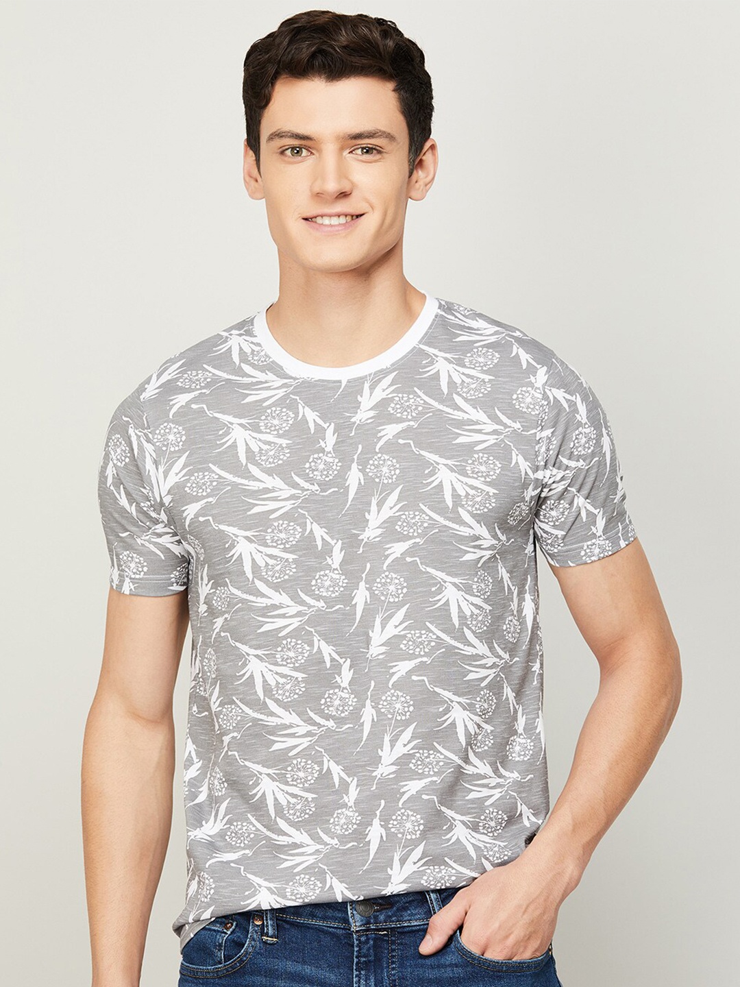 

Melange by Lifestyle Men Floral Printed Cotton T-shirt, Grey