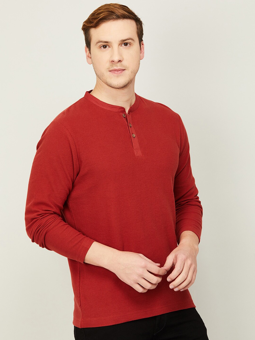 

Melange by Lifestyle Men Mandarin Collar Cotton T-shirt, Red