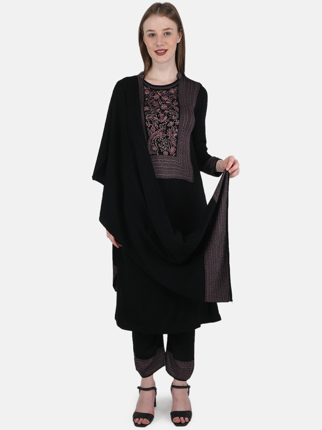 

Monte Carlo Women Black Ethnic Motifs Embroidered Kurti with Trousers & With Dupatta