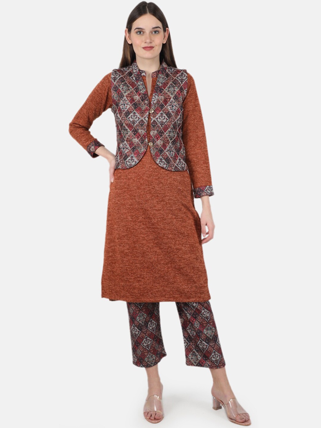 

Monte Carlo Women Rust Ethnic Motifs Winter Printed Kurti with Trousers