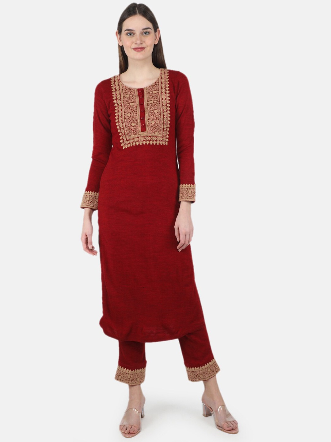 

Monte Carlo Women Floral Yoke Design Thread Work Kurta With Trousers, Maroon