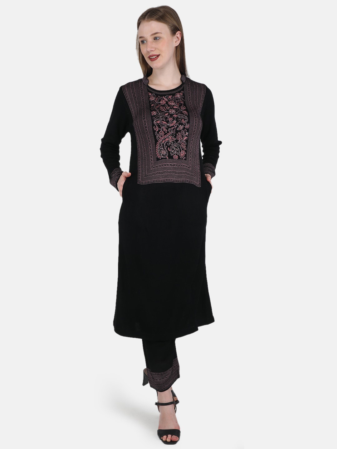 

Monte Carlo Winter Floral Embroidered Kurta with Trousers, Black