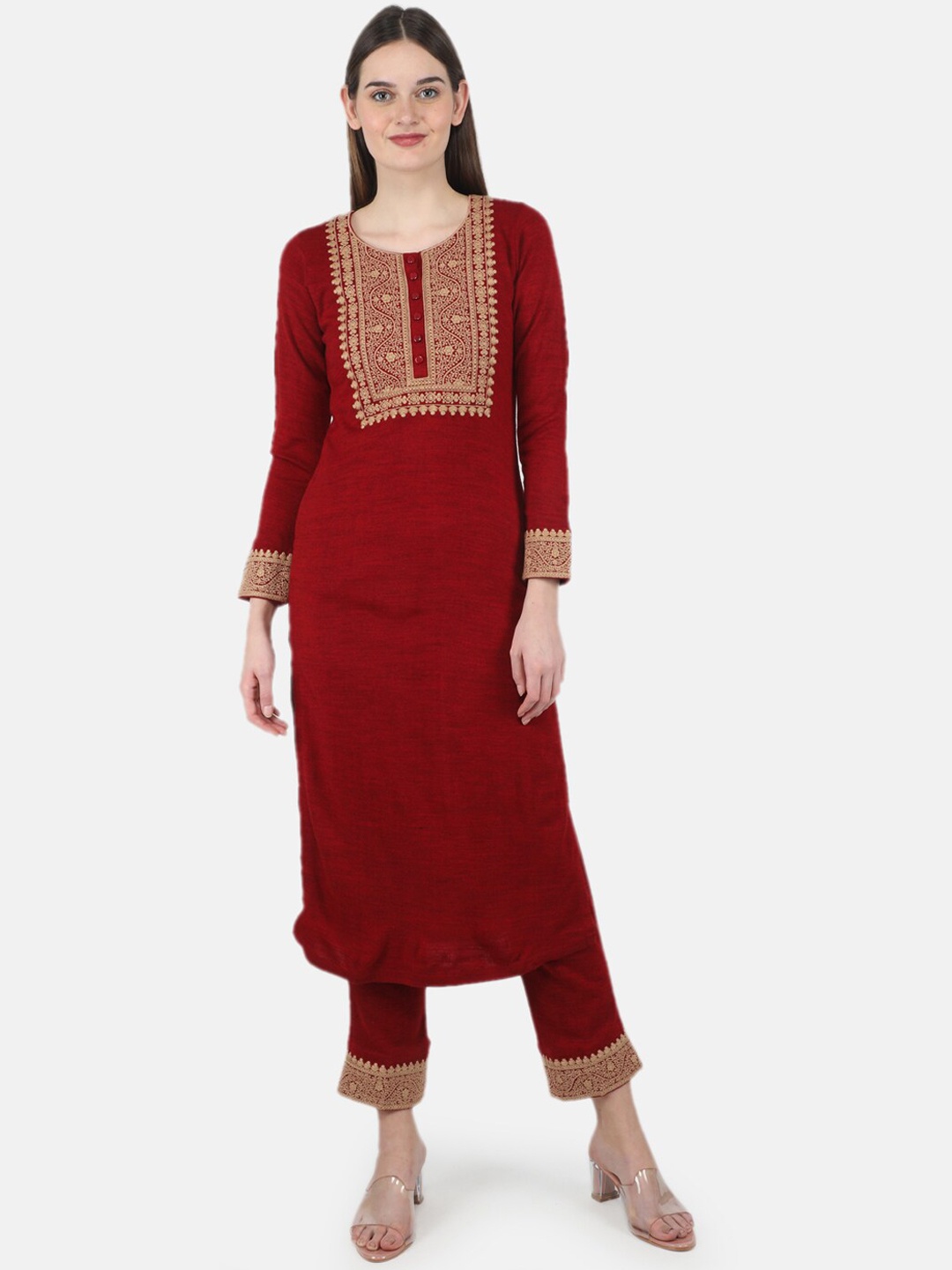 

Monte Carlo Women Ethnic Motifs Embroidered Thread Work Pure Cotton Kurta with Trousers, Maroon