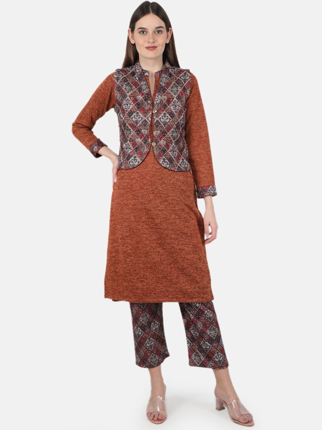 

Monte Carlo Women Rust Ethnic Motifs Winter Printed Kurti with Trousers